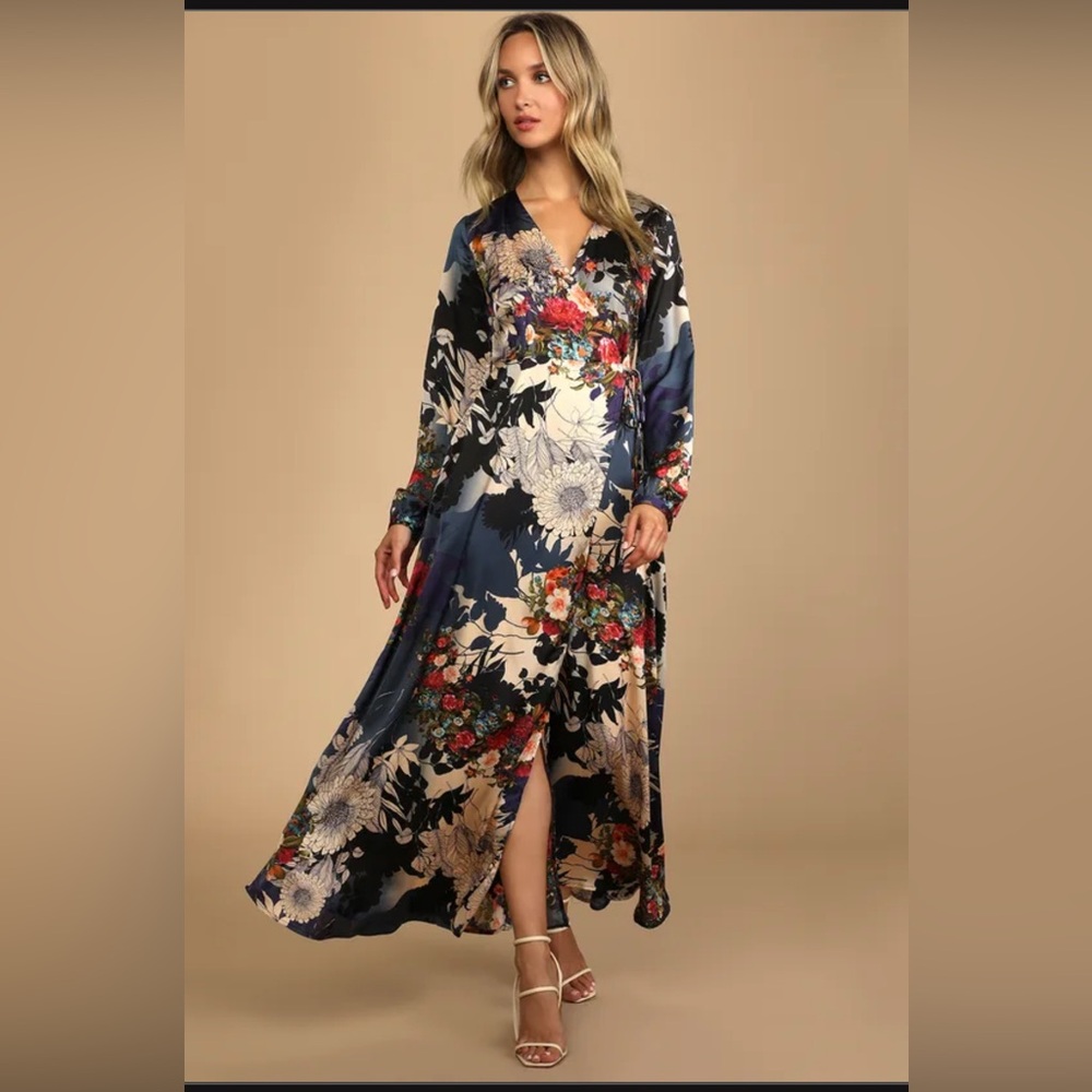 lulu’s Wrap Floral Maxi Dress in Blue and Cream